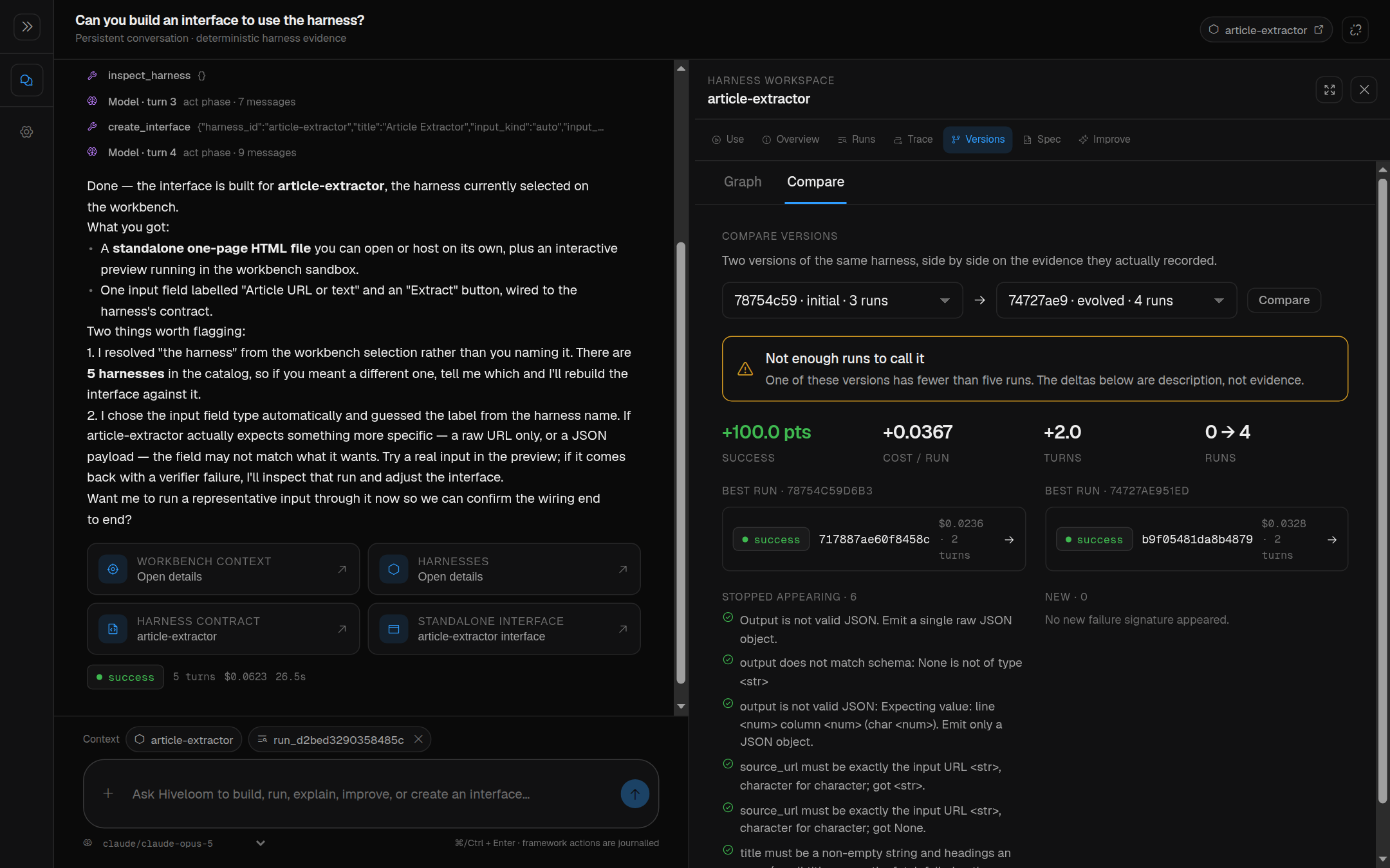 The Versions tab: two harness versions compared, with deltas and changed failure signatures